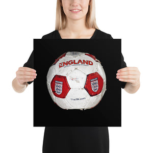 Woman holding red England football on black background poster