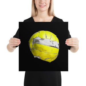 Woman holding yellow floorball on black background poster