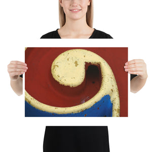 Woman holding red, yellow and blue crazy golf poster