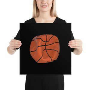 Woman holding basketball poster on black background