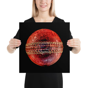 Woman holding cricket ball on black background poster