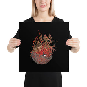Woman holding Unravelled cricket ball on black background poster